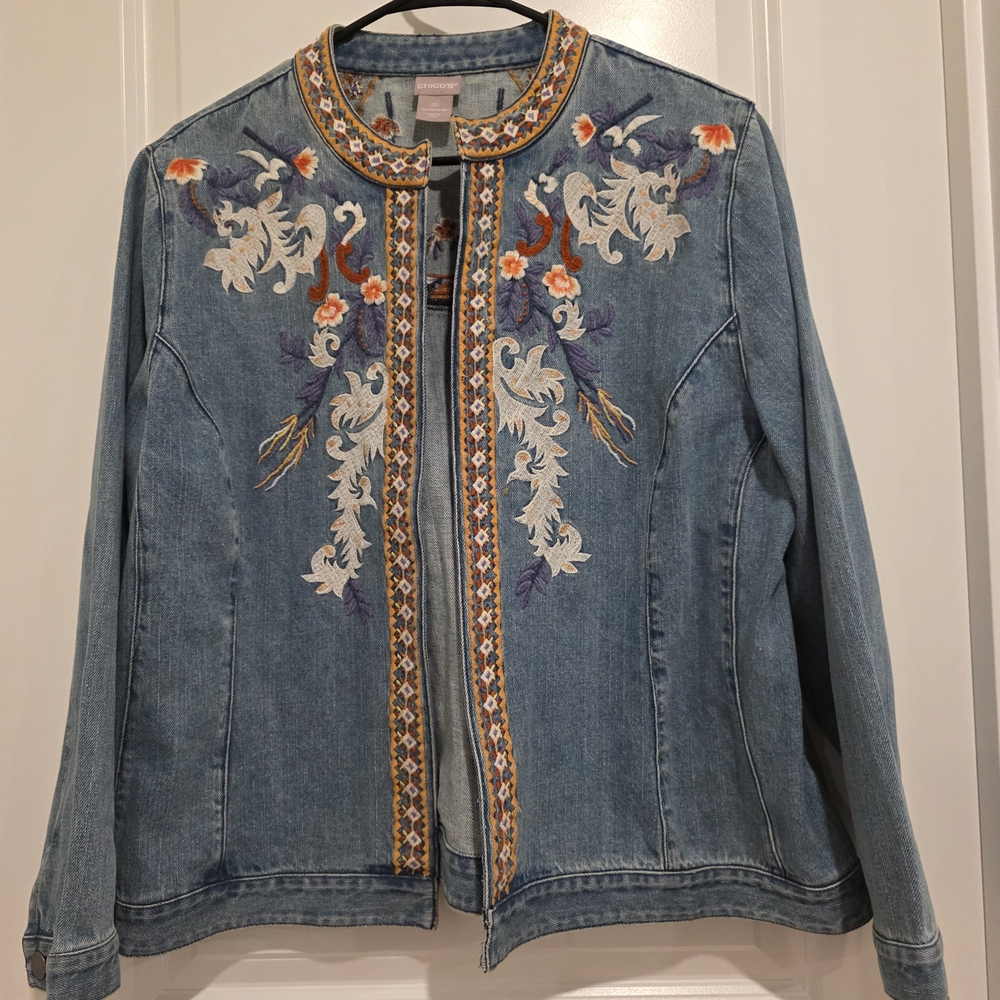 Chico's Light Blue Denim Jacket with Floral Embroidery